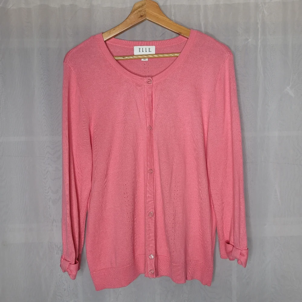 Elle Cardigan Sweater Large Pink Button Front Cotton Rayon Coquette Girl Pretty